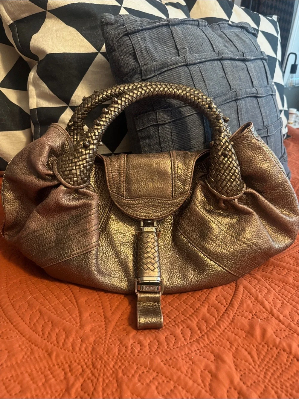 Fendi Spy Metallic Bronze Authentic Women's Woven-Handle Shoulder Bag